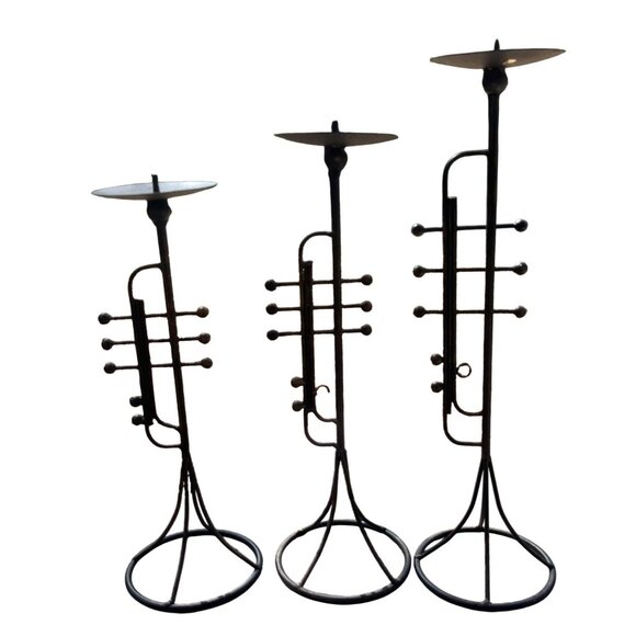 Set Of 3 Vintage Trumpet-Shaped Black Metal Pilar Candle Holders - Picture 2 of 13
